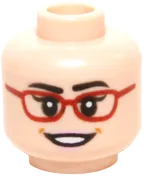 Minifigure, Head Dual Sided Female Glasses Red Frames, Dark Brown Eyebrows with Open Smile / Slight Smile Pattern &#40;Amy Fowler&#41; - Hollow Stud