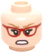 Minifigure, Head Dual Sided Female Glasses Red Angled Frames, Dark Tan Eyebrows with Open Smile / Angry Pattern &#40;Bernadette&#41; - Hollow Stud