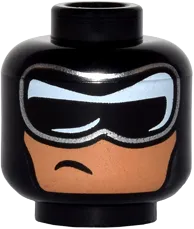 Minifigure, Head Balaclava, Black and White Mask with Silver Edge and Crooked, Off-Center Scowl on Nougat Face Pattern - Hollow Stud