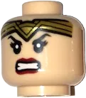 Minifigure, Head Dual Sided Female Gold Tiara, Black Eyebrows, Eyelashes, Red Lips, Lopsided Smile / Angry Pattern - Hollow Stud