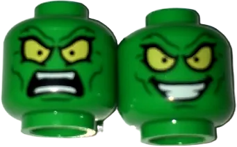 Minifigure, Head Dual Sided Alien with Large Yellow Eyes, Angry / Wide Evil Grin Pattern &#40;Green Goblin&#41; - Hollow Stud