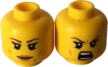 Minifigure, Head Dual Sided Female Brown Eyebrows, Eyelashes, Peach Lips, Beauty Mark, Smile / Open Mouth Bared Teeth Pattern - Hollow Stud