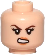 Minifigure, Head Dual Sided Female Dark Brown Eyebrows, Nougat Lips and Cheek Dimple, Neutral / Angry Pattern - Hollow Stud