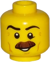 Minifigure, Head Moustache Brown Bushy, Black Eyebrows, Cheek Lines, Smile, White Pupils Pattern - Hollow Stud