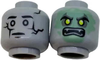 Minifigure, Head Dual Sided Alien Cracked Statue / Sand Green Ghost Face with Scowl and Fangs Pattern - Hollow Stud