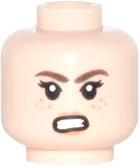 Minifigure, Head Dual Sided Female PotC Reddish Brown Eyebrows, Nougat Freckles and Lips, Slight Smile / Bared Teeth Angry Pattern - Hollow Stud