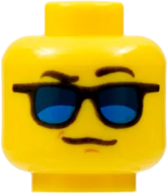 Minifigure, Head Glasses with Blue Sunglasses, Black Eyebrows, Left Eyebrow Raised Pattern - Hollow Stud