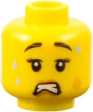 Minifigure, Head Dual Sided Female Black Eyebrows, Eyelashes, Medium Nougat Lips, Lopsided Smile  / Scared Open Mouth with Teeth Pattern - Hollow Stud