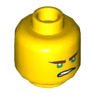 Minifigure, Head Dual Sided Reddish Brown Eyebrows, Green Eyes, Lopsided Open Mouth Grin / Gritted Teeth Pattern &#40;Lloyd&#41; - Hollow Stud