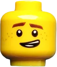 Minifigure, Head Dual Sided Reddish Brown Eyebrows and Freckles, Lopsided Grin / Frown Pattern &#40;Jay&#41; - Hollow Stud