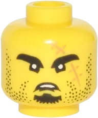 Minifigure, Head Black Eyebrows, Goatee, Stubble and Large Medium Nougat Scar with Stitches Pattern - Hollow Stud