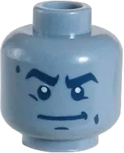 Minifigure, Head Dual Sided Alien Dark Blue Thick Eyebrows, Crooked Smile, White Pupils / Yellow Eyes, Bared Teeth Angry Pattern - Hollow Stud