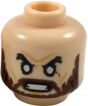 Minifigure, Head Dual Sided Black Eyebrows, Reddish Brown Beard, Neutral / Angry with White Eyes Pattern - Hollow Stud
