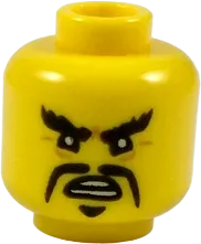Minifigure, Head Black Angry Eyebrows and Moustache Fu Manchu Pattern - Hollow Stud