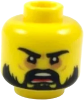 Minifigure, Head Dual Sided Beard Black, Black Eyebrows, Firm / Angry Open Mouth Pattern - Hollow Stud