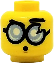 Minifigure, Head Dual Sided Glasses Round with Bright Light Blue Lenses and Black Frames, Frown / Surprised Pattern &#40;Steve&#41; - Hollow Stud