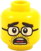 Minifigure, Head Dual Sided Thick Black Eyebrows and Stubble, Brown Glasses, Stern / Mouth Open Alarmed Pattern - Hollow Stud