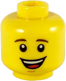Minifigure, Head Male Dark Brown Eyebrows, Open Mouth Smile with White Teeth and Red Tongue Pattern - Hollow Stud