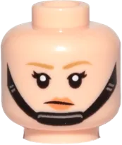 Minifigure, Head Dual Sided Female Dark Tan Eyebrows, Black Chin Strap, Disgusted / Angry Pattern - Hollow Stud