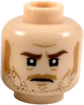 Minifigure, Head Dual Sided Medium Nougat Sideburns, Moustache, and Stubble, Raised Left Eyebrow, Smile / Firm Expression Pattern - Hollow Stud