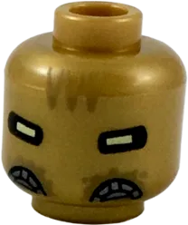 Minifigure, Head Alien with White Eyes, Dark Tan Markings on Forehead, and Pearl Dark Gray Breathing Ports Pattern - Hollow Stud