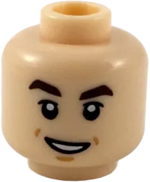 Minifigure, Head Dark Brown Eyebrows, Small Lopsided Grin Pattern - Hollow Stud