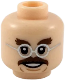 Minifigure, Head Dark Brown Bushy Eyebrows and Moustache, Silver Round Glasses Pattern - Hollow Stud