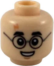 Minifigure, Head Medium Nougat Lightning Scar, Black Eyebrows and Glasses, Small Smile Showing Teeth Pattern - Hollow Stud