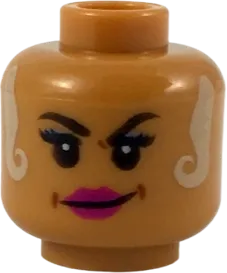 Minifigure, Head Female Black Eyebrows, White Locks Hanging on Both Sides, Magenta Lips Smirk Pattern - Hollow Stud