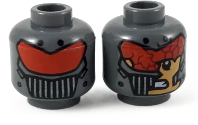 Minifigure, Head Dual Sided Alien with Red Visor, Silver Grate, Unbroken / Broken with Nougat Face Showing Pattern - Hollow Stud