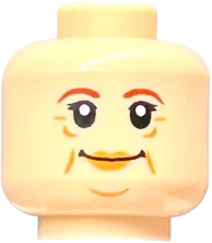 Minifigure, Head Dual Sided Female Reddish Brown Eyebrows, Medium Nougat Lips, Age Lines, Grin / Smile with Raised Eyebrow Pattern - Hollow Stud