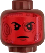 Minifigure, Head Dual Sided Black Eyebrows and Cheek Lines, Smile / Red Head-Up Display with Dark Red Shapes Pattern - Hollow Stud