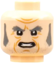 Minifigure, Head Dual Sided Dark Bluish Gray Eyebrows and Sideburns, Cheek Lines, Frown / Mouth with Teeth Pattern - Hollow Stud