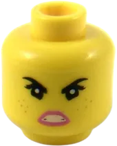 Minifigure, Head Dual Sided Female Black Eyebrows, Freckles, Eyelashes, Pink Lips, Open Mouth Smile with Wide Top / Angry Pattern &#40;Lucy&#41; - Hollow Stud