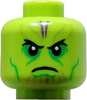 Minifigure, Head Alien Skrull with Black Eyes and Frown, Bright Green Eye Shadow and Cheek Lines, and Dark Purple Markings on Forehead Pattern - Hollow Stud