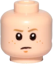 Minifigure, Head Dual Sided Child Freckles, Dark Tan Eyebrows, Chin Dimple on Both Sides, Concerned / Crooked Smile Pattern - Hollow Stud