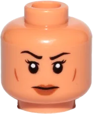 Minifigure, Head Dual Sided Female, Black Eyebrows, Dark Orange Lips, Lines on Cheeks, Neutral / Angry Pattern - Hollow Stud