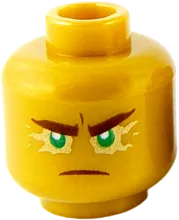 Minifigure, Head Dual Sided Reddish Brown Eyebrows and Mouth, Green Eyes with Gold Energy Effect, Frown / Fierce Outburst Pattern - Hollow Stud