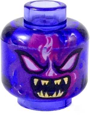Minifigure, Head Alien with White Eyes, Dark Purple and Magenta Flames, and Open Mouth with Sharp Gold Teeth Pattern - Hollow Stud