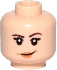 Minifigure, Head Dual Sided Female Brown Eyebrows, Eyelashes, Peach Lips, Smile / Angry Pattern - Hollow Stud