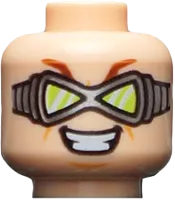 Minifigure, Head Dual Sided Reddish Brown Eyebrows, Silver Goggles with Lime Triangular Lenses, Evil Grin / Worried Expression Pattern - Hollow Stud