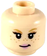 Minifigure, Head Dual Sided Female Medium Nougat Eyebrows and Freckles, Pink Lips, Neutral / Small Smirk Pattern - Hollow Stud