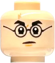 Minifigure, Head Dual Sided Medium Nougat Lightning Scar, Black Eyebrows and Glasses, Smile / Angry Pattern - Hollow Stud