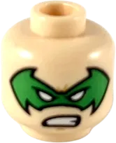 Minifigure, Head Dual Sided Green Bat-Shaped Domino Mask with White Eyes, Grin / Fierce Pattern - Hollow Stud