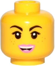 Minifigure, Head Dual Sided Female Black Eyebrows, Freckles, Eyelashes, Pink Lips, Open Mouth Smile / Cheerful Pattern &#40;Lucy&#41; - Hollow Stud