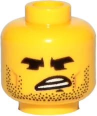 Minifigure, Head Dual Sided Black Eyebrows, Stubble, Angry /  Confused Pattern &#40;Rex Dangervest&#41; - Hollow Stud
