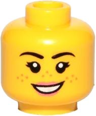 Minifigure, Head Dual Sided Female, Freckles, Pink Lips, Raised Right Eyebrow, Grumpy / Smile Pattern - Hollow Stud