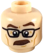 Minifigure, Head Dual Sided Reddish Brown Eyebrows and Moustache, Black Glasses, Surprised with Eyebrow Raised / Angry Pattern - Hollow Stud