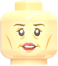 Minifigure, Head Dual Sided Female, Black Eyebrows, Dark Red Lips, Smile with Parted Lips / Worried Pattern - Hollow Stud