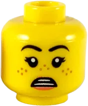 Minifigure, Head Dual Sided Female Black Eyebrows, Medium Nougat Freckles, Coral Lips, Open Mouth Smile / Scared Pattern - Hollow Stud